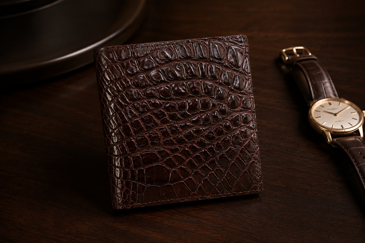 Herrington Espresso Brown wallet crafted from genuine Siamese crocodile leather, styled beside a classic watch to highlight its natural scale pattern and timeless luxury.