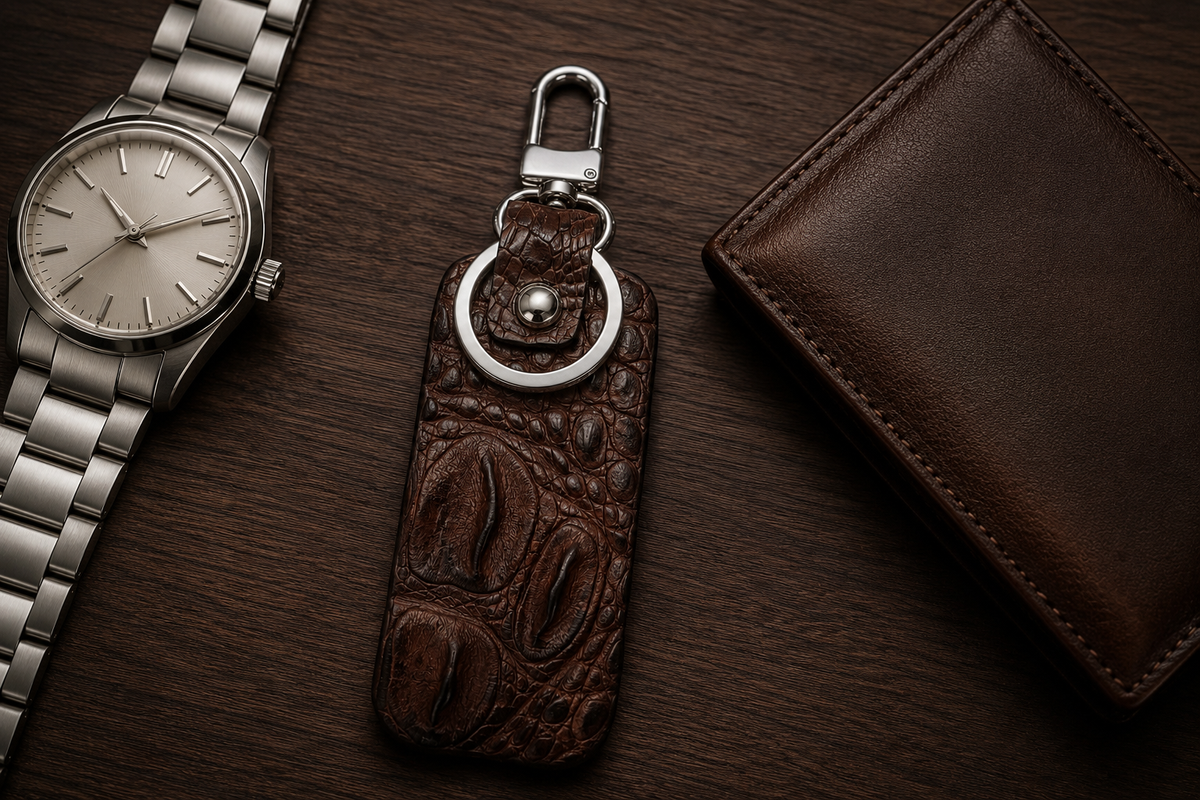 Brown Kensington alligator key fob displayed beside a silver watch and brown leather wallet on dark wood.