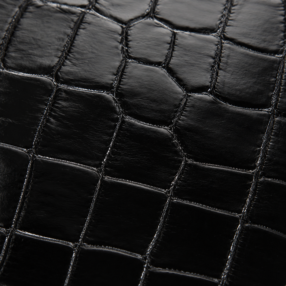Macro close-up of genuine Siamese crocodile leather texture on The Kingsley Crocodile Long Wallet in Obsidian Black.