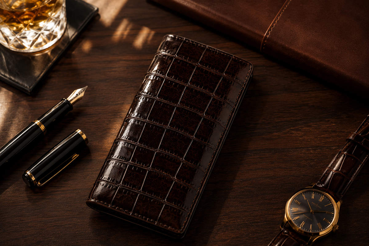Luxury crocodile long wallet handcrafted from genuine crocodile leather displayed on a walnut desk with premium business accessories.