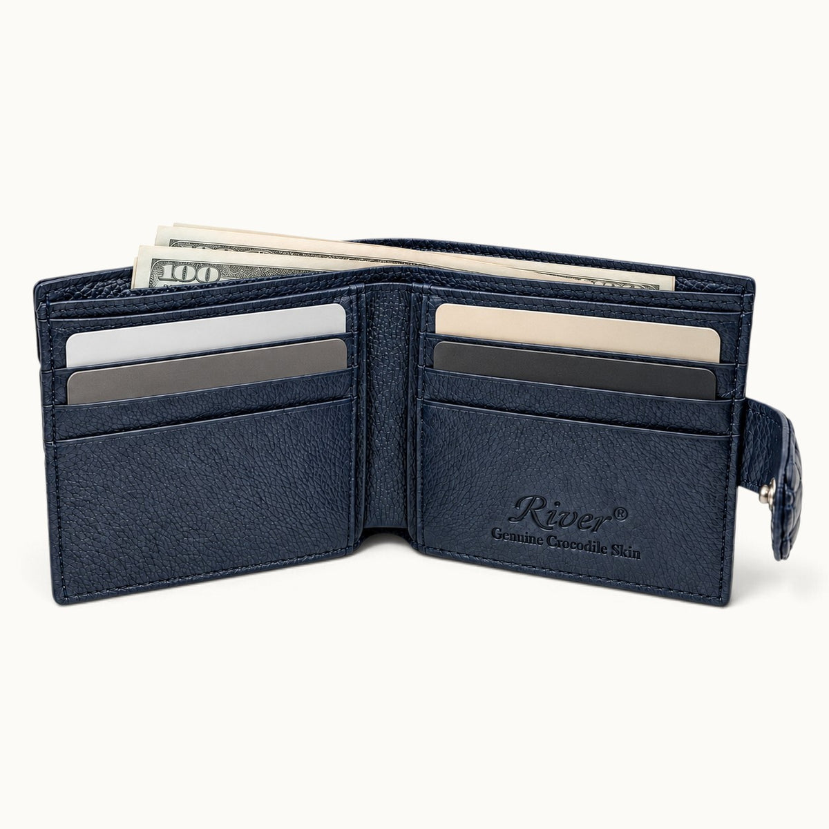 Deep navy Langham crocodile wallet open with cards and cash showing interior storage capacity