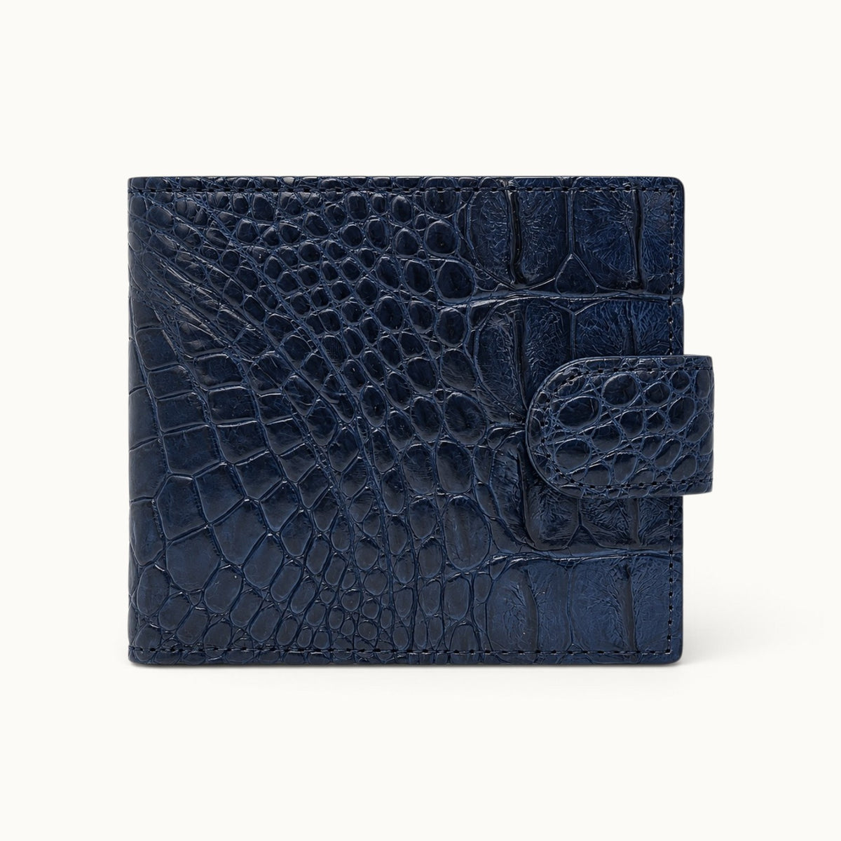 Deep navy Langham crocodile wallet with snap closure and full-belly exterior