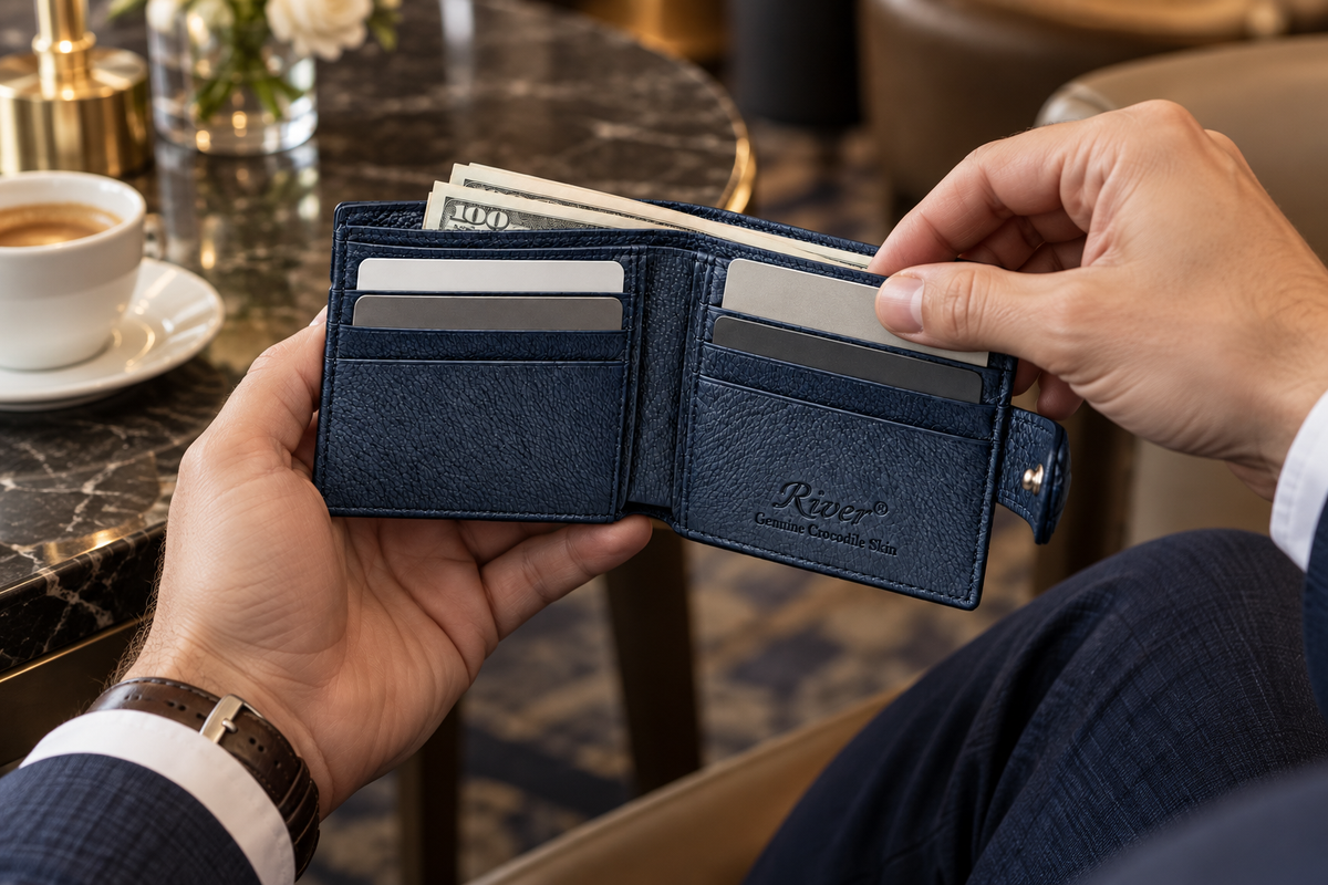 Deep navy Langham crocodile wallet in use with cards and cash in a luxury lounge setting