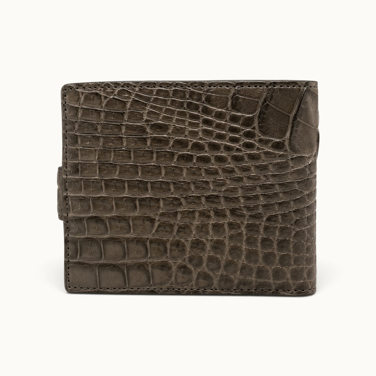 Taupe green Langham crocodile wallet back view showing natural crocodile scale pattern