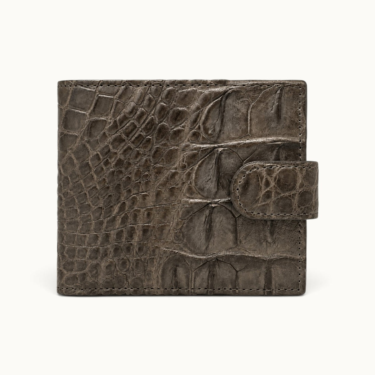 Taupe green Langham crocodile wallet with snap closure and full-belly exterior