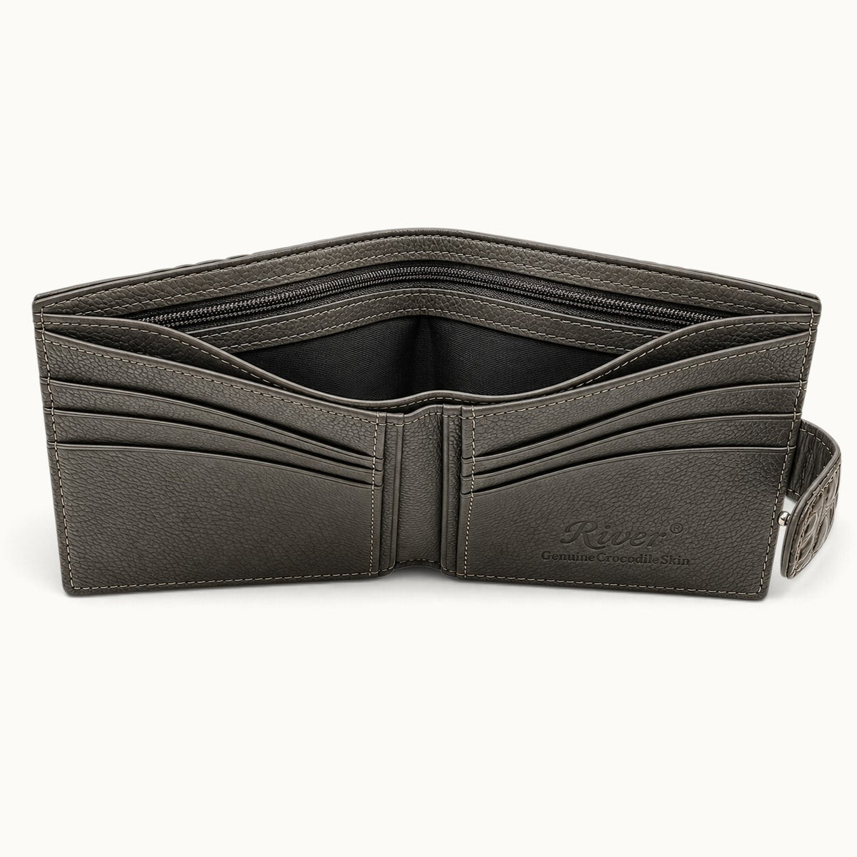 Taupe green Langham crocodile wallet open interior showing card slots, bill compartments, and zip compartment