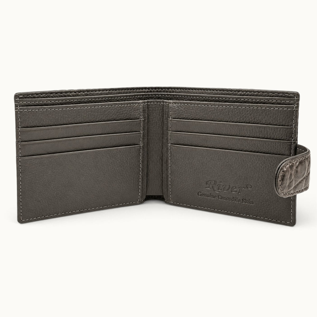 Open taupe green Langham crocodile wallet with six card slots and embossed River logo