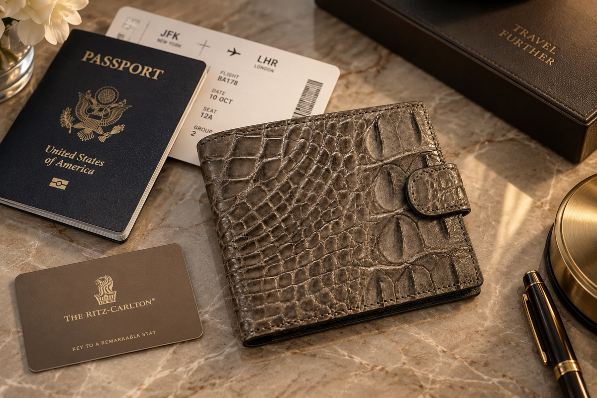 Taupe green Langham crocodile wallet with passport, boarding pass, and hotel key card on a luxury marble surface