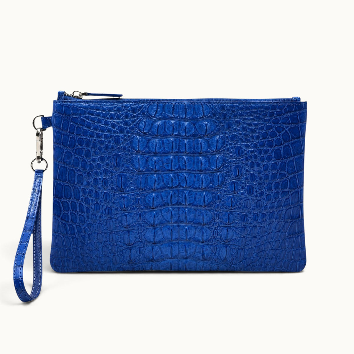 Luxury royal blue crocodile wristlet bag with detachable leather wrist strap and silver-tone hardware