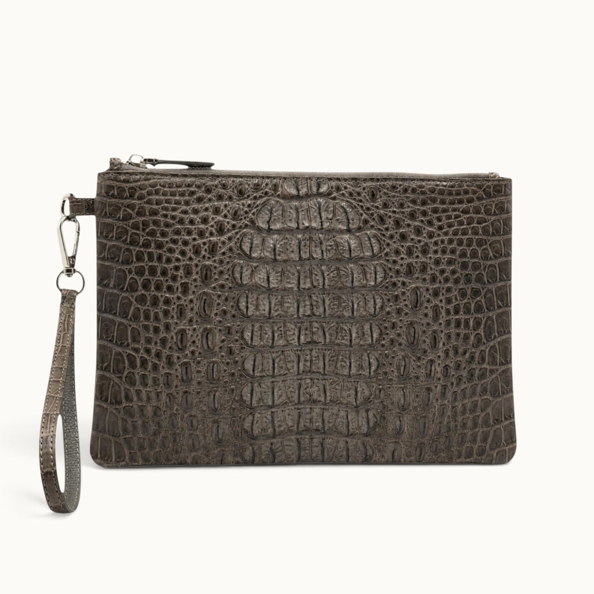 Luxury taupe green crocodile wristlet with detachable matching strap and polished hardware