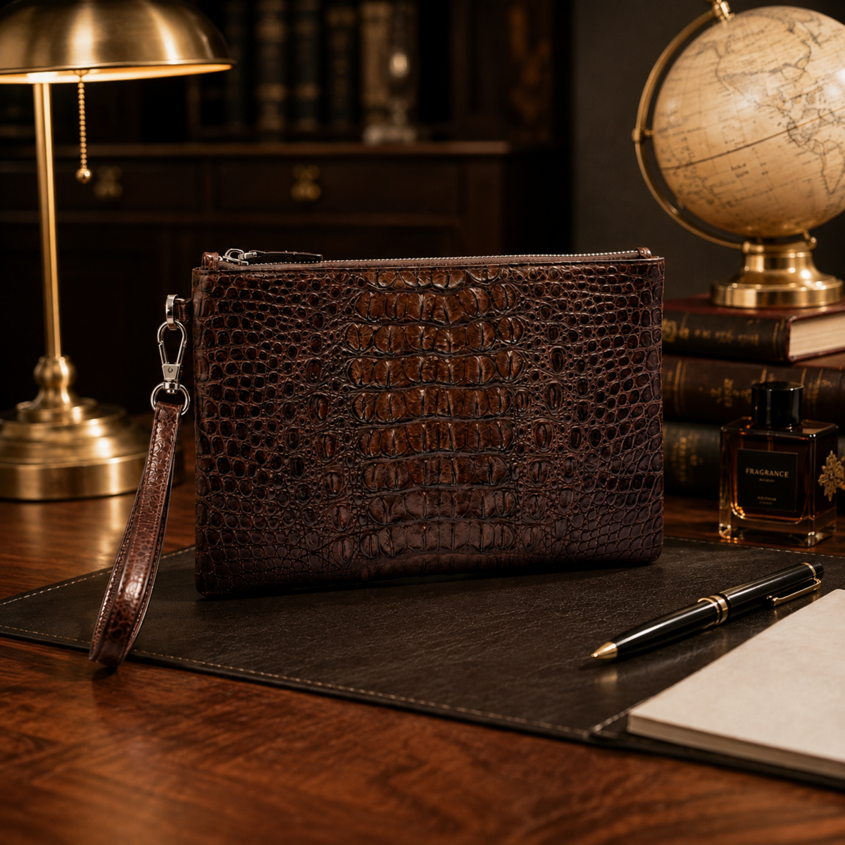 Espresso brown men's crocodile clutch bag displayed in a refined luxury desk setting