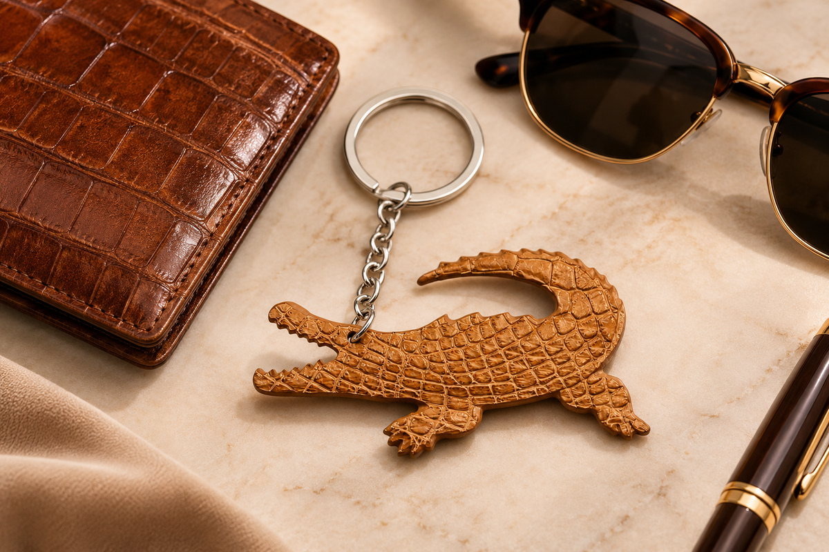Camel brown Siamese crocodile leather keychain styled with a crocodile leather wallet, sunglasses, and pen on a marble surface