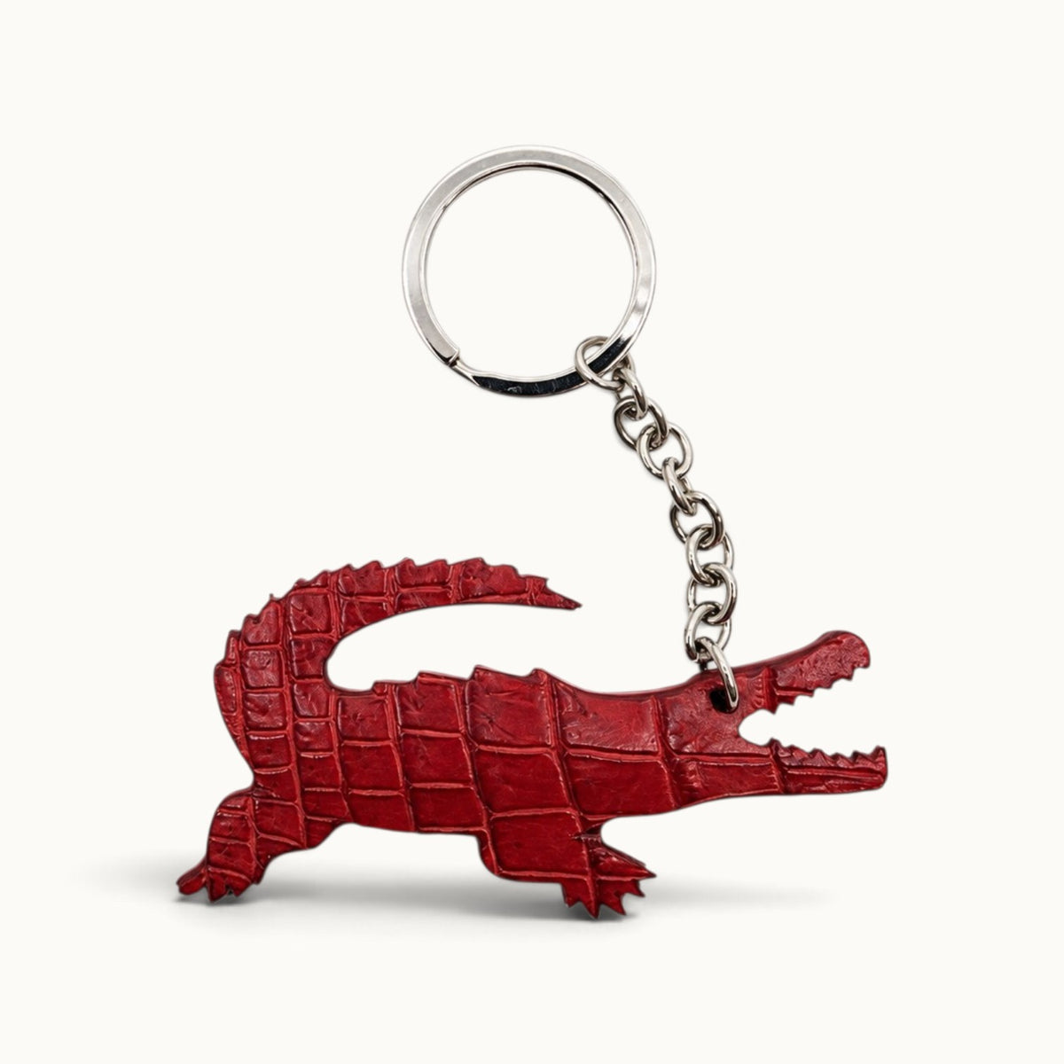 Cherry red Siamese crocodile leather key charm with silver-tone ring and chain