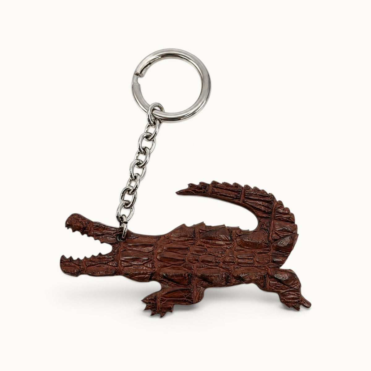 Chestnut brown Siamese crocodile leather key charm with silver-tone ring and chain