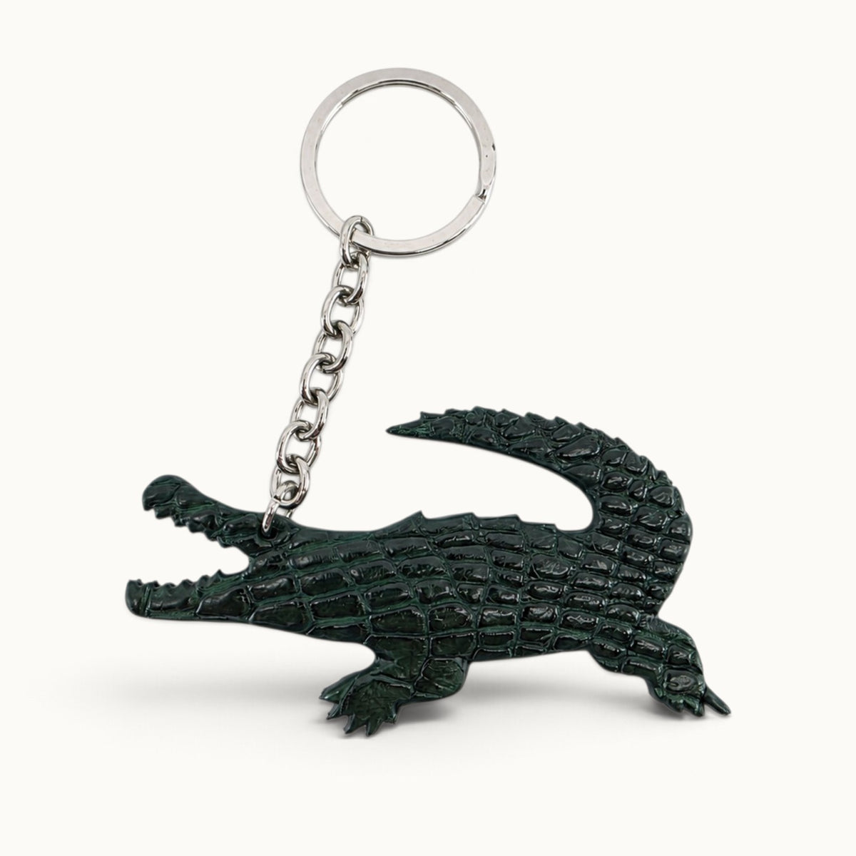 Forest green Siamese crocodile leather keychain with silver-tone ring and chain