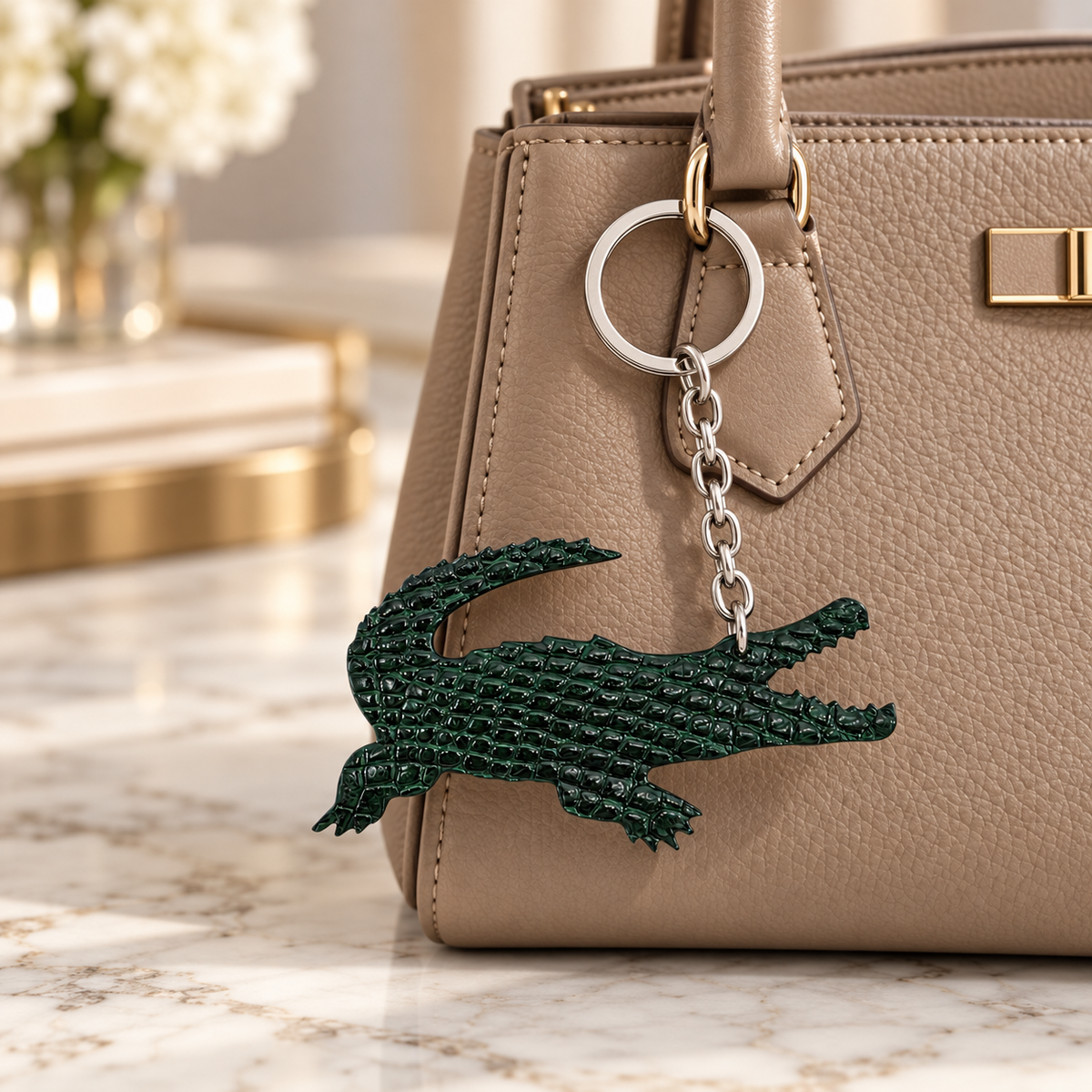 Forest green Crocodile Leather Key Charm hanging from a taupe luxury handbag
