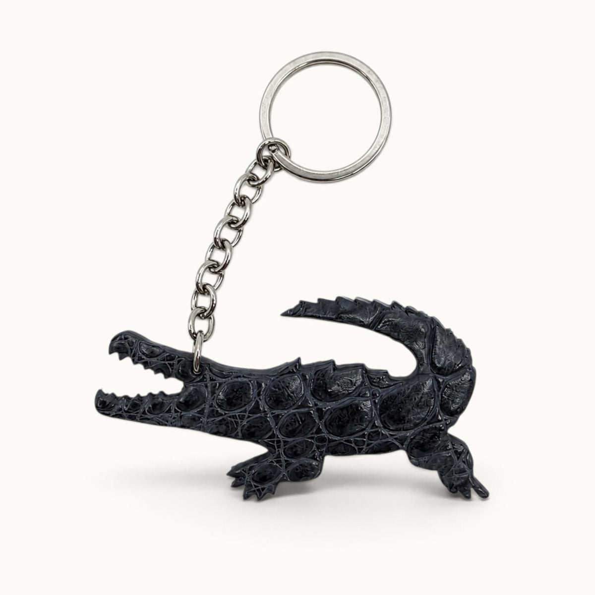 Gunmetal gray Siamese crocodile leather key charm with silver-tone ring and chain