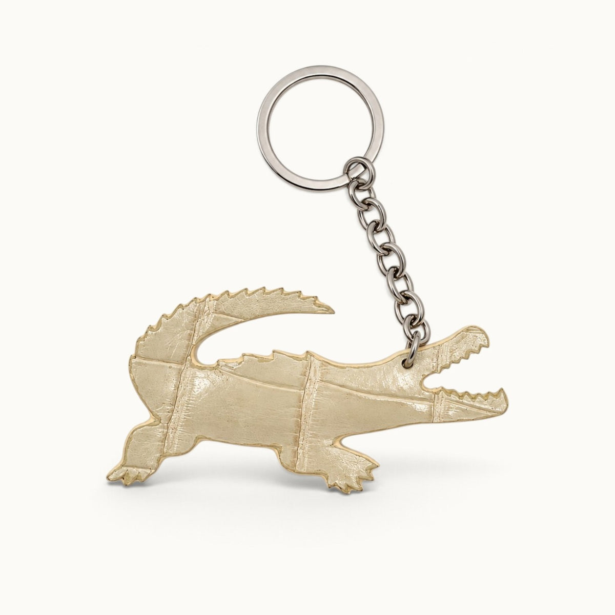 Ivory Pearl Siamese crocodile leather key charm with silver-tone ring and chain