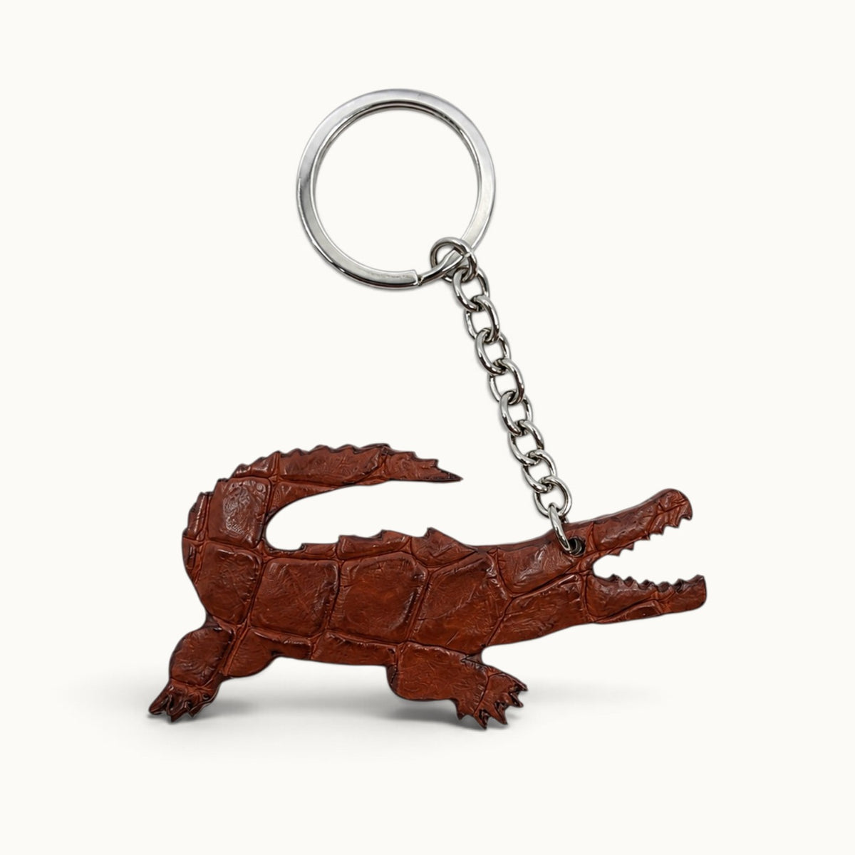 Mahogany brown Siamese crocodile leather key charm with silver-tone ring and chain