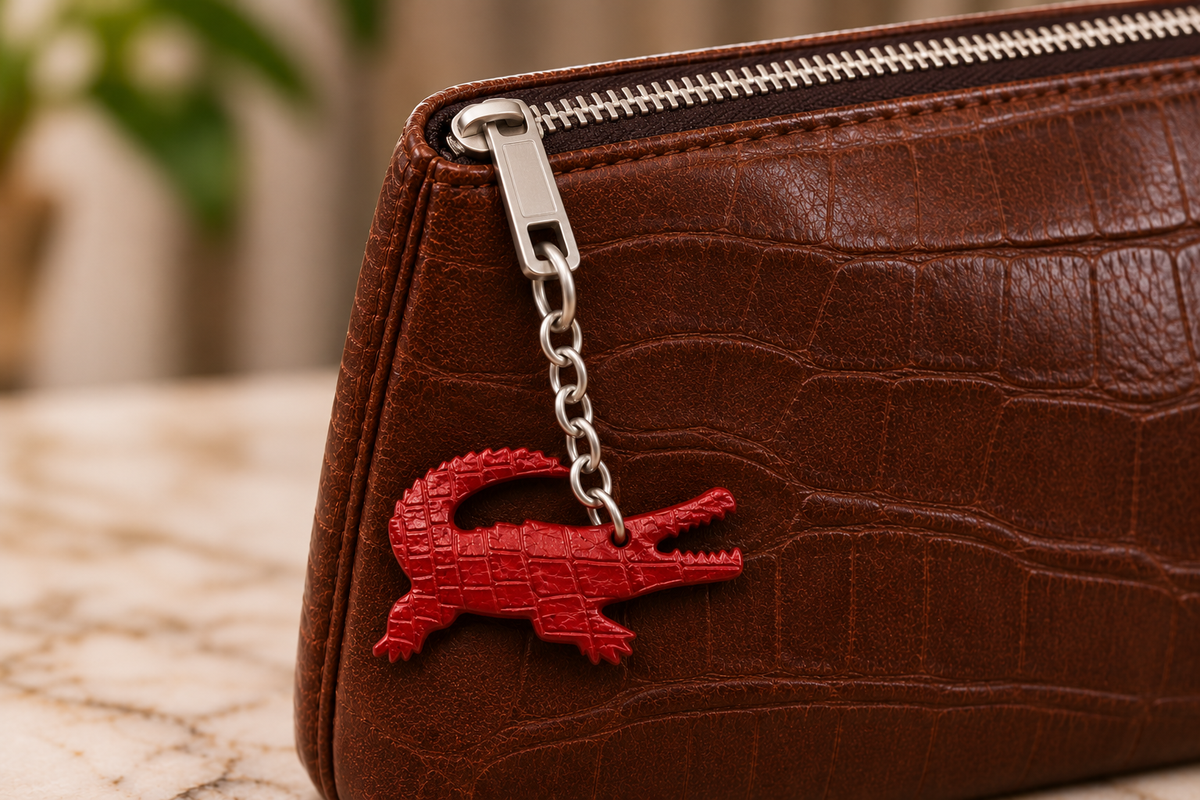 Red Siamese crocodile leather keychain attached to the zipper pull of a brown leather pouch