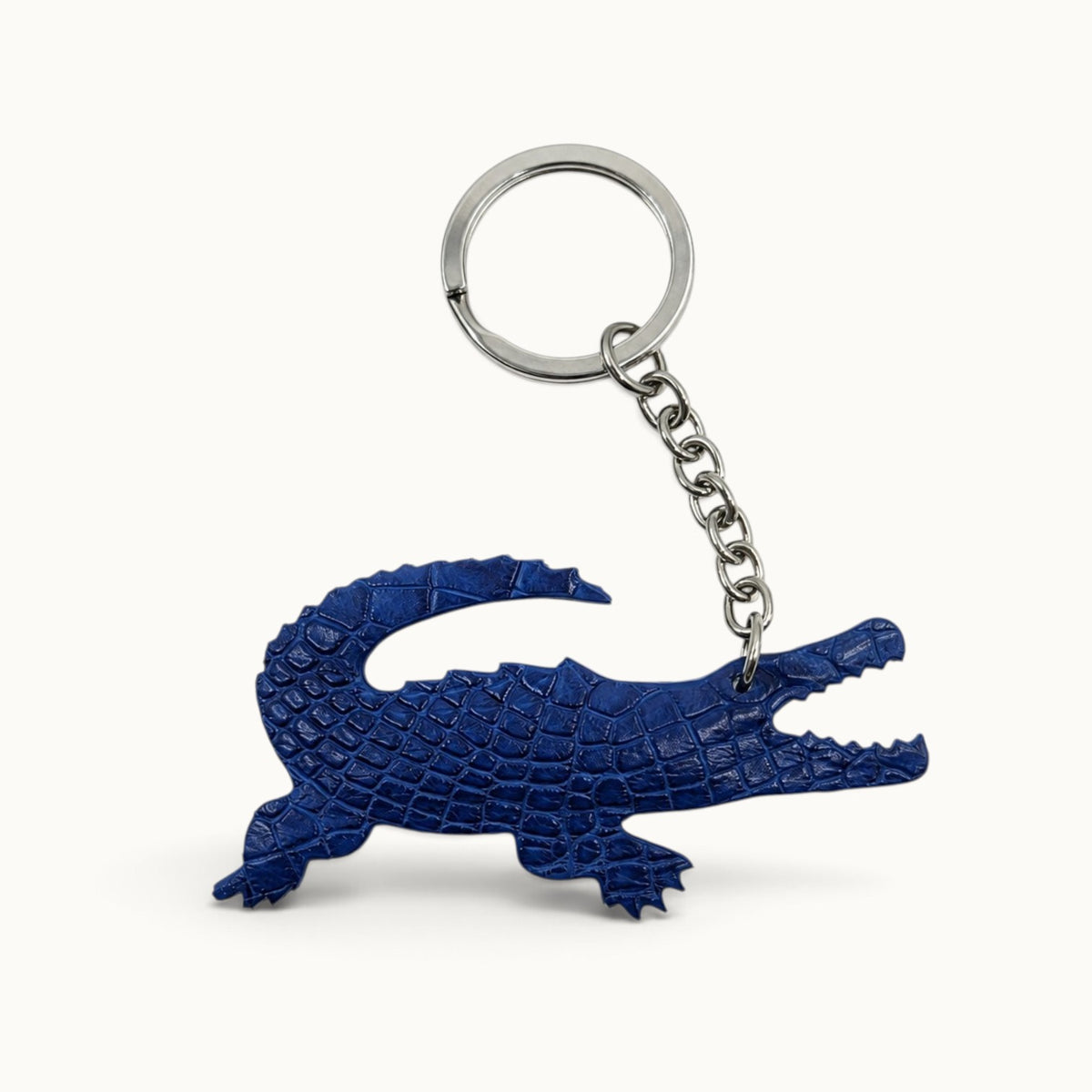 Royal blue Siamese crocodile leather key charm with silver-tone ring and chain