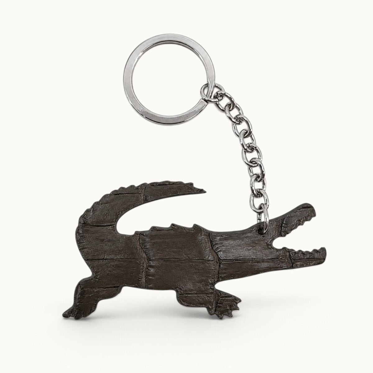 Smoky olive Siamese crocodile leather key charm with silver-tone ring and chain