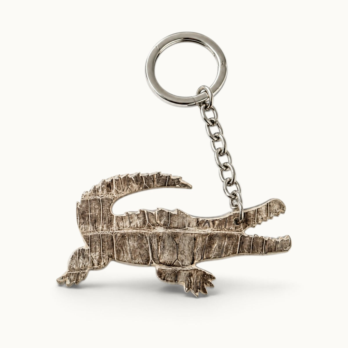 Stone ivory Siamese crocodile leather key charm with silver-tone ring and chain