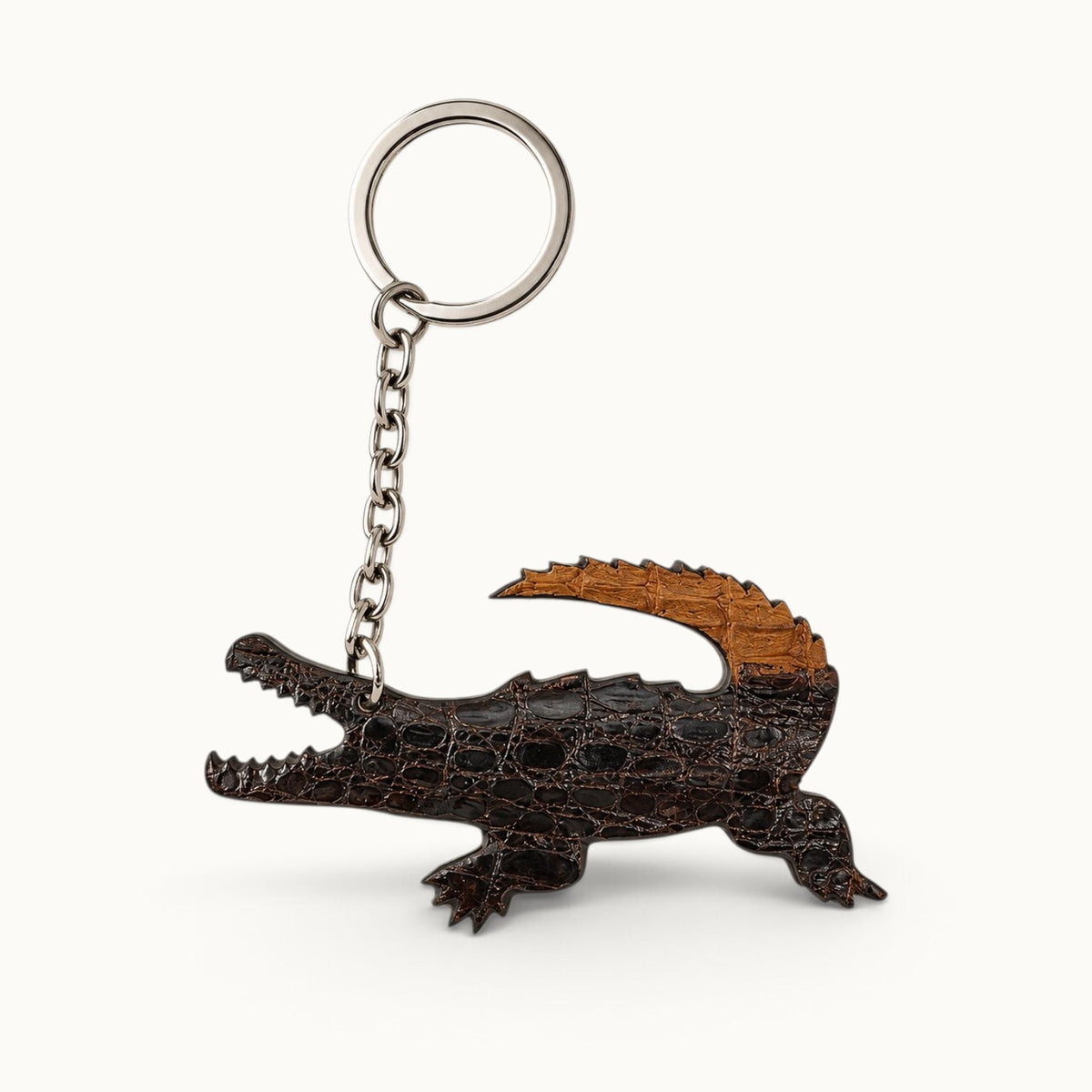 Two-tone brown Siamese crocodile leather key charm with silver-tone ring and chain