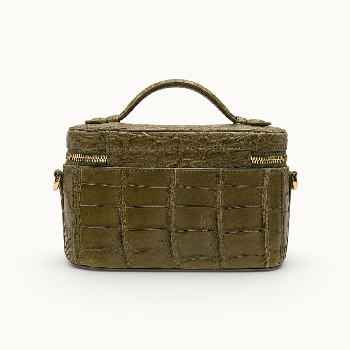 Back view of The Clarendon Sage Olive exotic crocodile leather mini handbag with structured box construction.