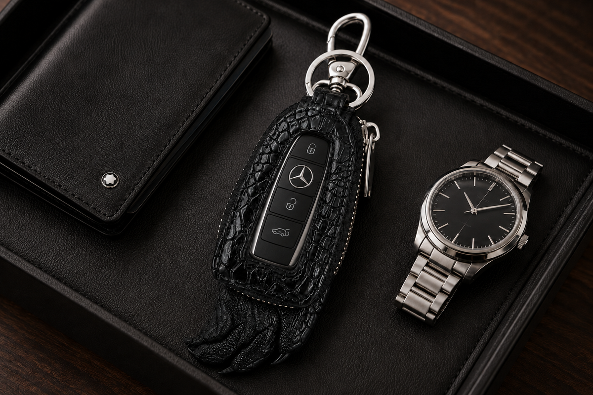 Black Siamensis crocodile leather car key case with Mercedes remote displayed on a leather valet tray beside a wallet and silver watch.