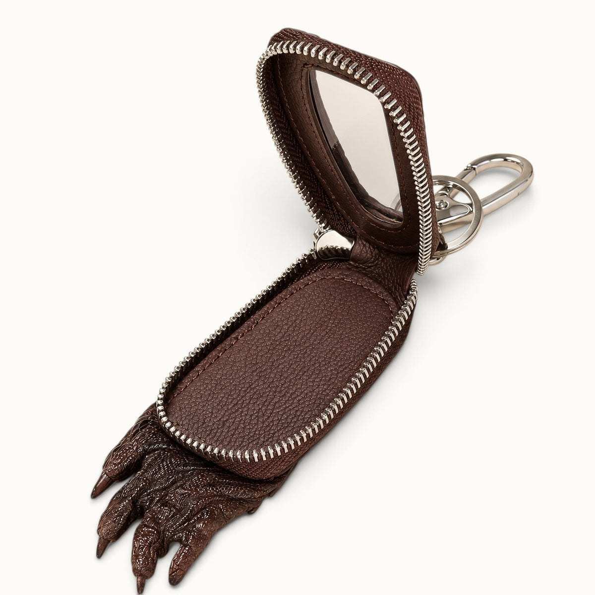 Open brown Siamensis crocodile leather car key case showing the full-grain cow-leather interior, clear window, YKK zipper, silver hardware, and sculpted claw detail.
