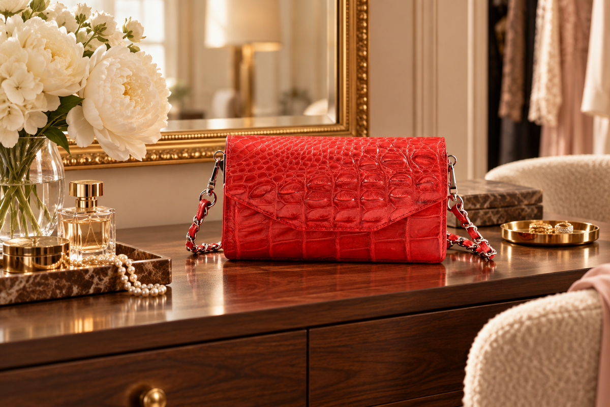 The Chelsea red Siamese crocodile leather shoulder bag displayed on a walnut dressing table beside white flowers and a gold-framed mirror.