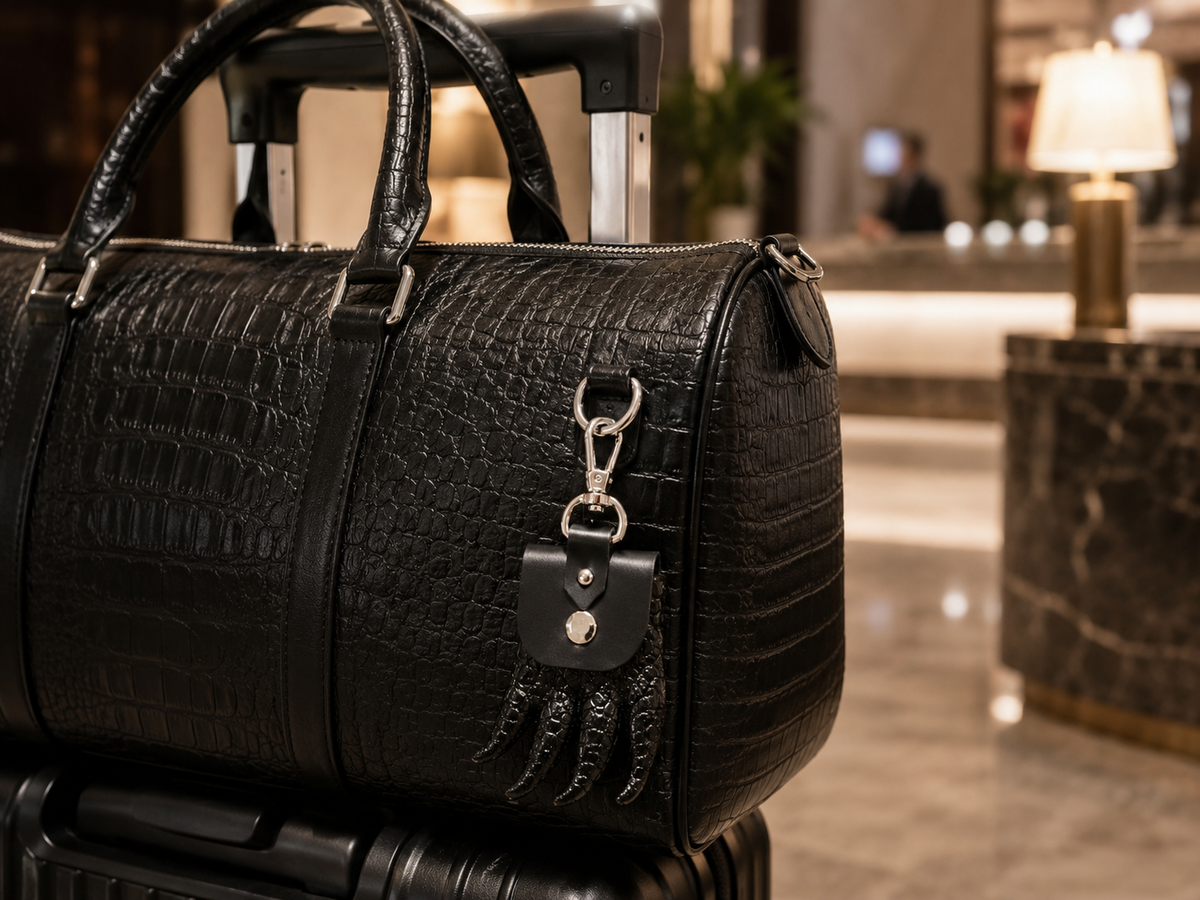 The Claw Crocodile Coin Pouch attached to a black leather weekender on luggage in a luxury hotel setting