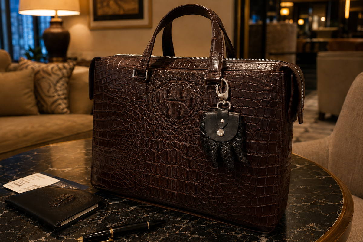 The Claw Crocodile Coin Pouch attached to a brown crocodile briefcase in a luxury interior