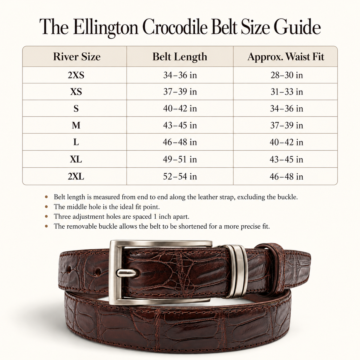 River size chart for The Ellington Crocodile Belt in Mahogany Brown, showing belt lengths, approximate waist fit, and a genuine crocodile leather belt with silver-tone buckle.