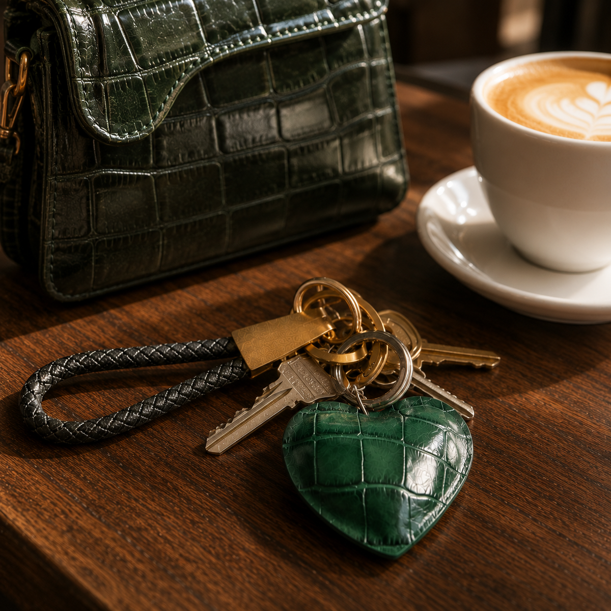 Emerald green Siamese crocodile leather Heart Key Charm styled with keys beside a luxury handbag and coffee in an everyday lifestyle setting.