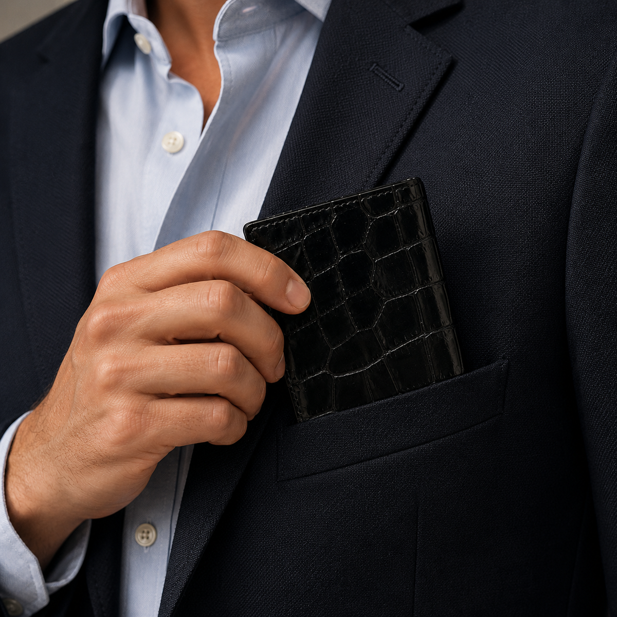 Luxury crocodile long wallet in a suit pocket lifestyle image.