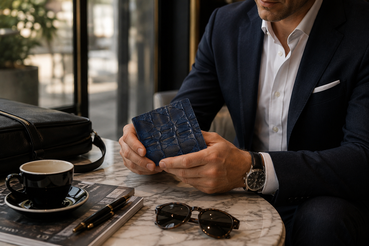 The Monarch genuine Siamese crocodile bifold wallet in Deep Midnight Blue held in hand at a luxury café, showcasing timeless craftsmanship and effortless everyday elegance.