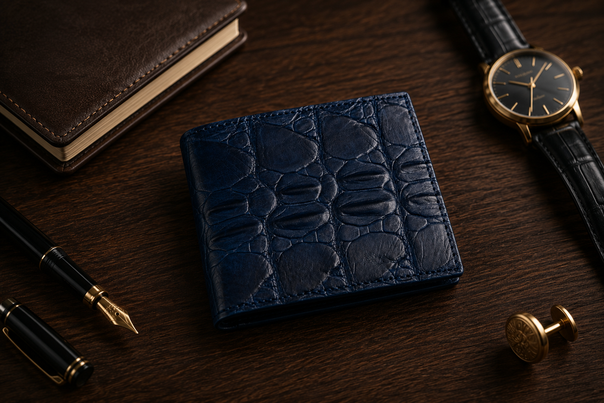 The Monarch genuine Siamese crocodile bifold wallet in Deep Midnight Blue displayed on a walnut desk with luxury accessories, showcasing timeless craftsmanship and refined elegance.