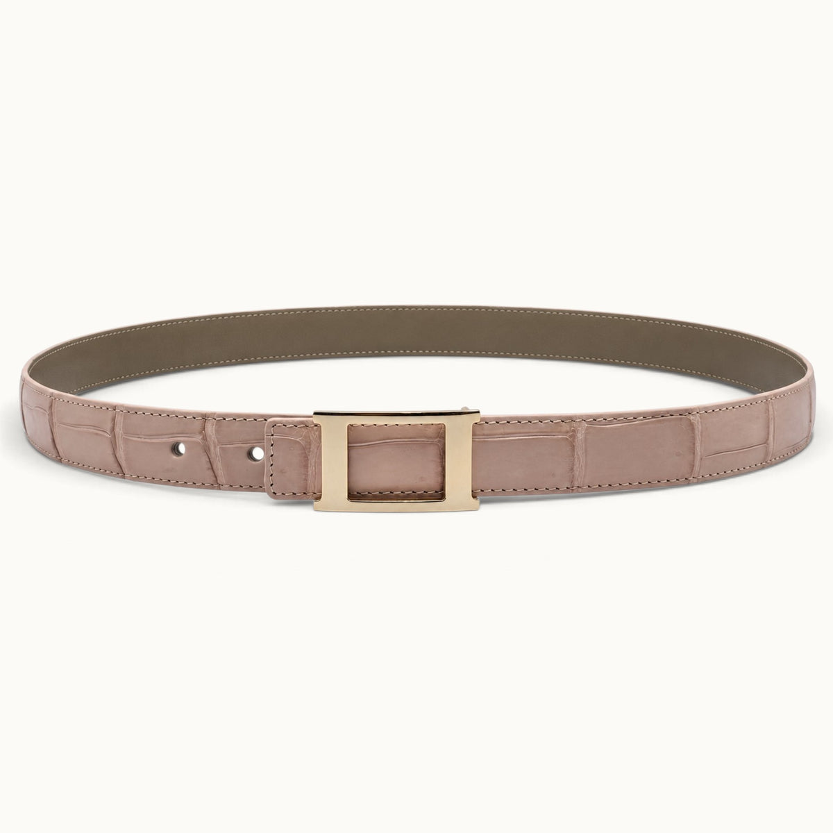 Full front view of The Rosalie Crocodile Belt in Blush Pink with an elegant rectangular gold-tone buckle and three adjustment holes.