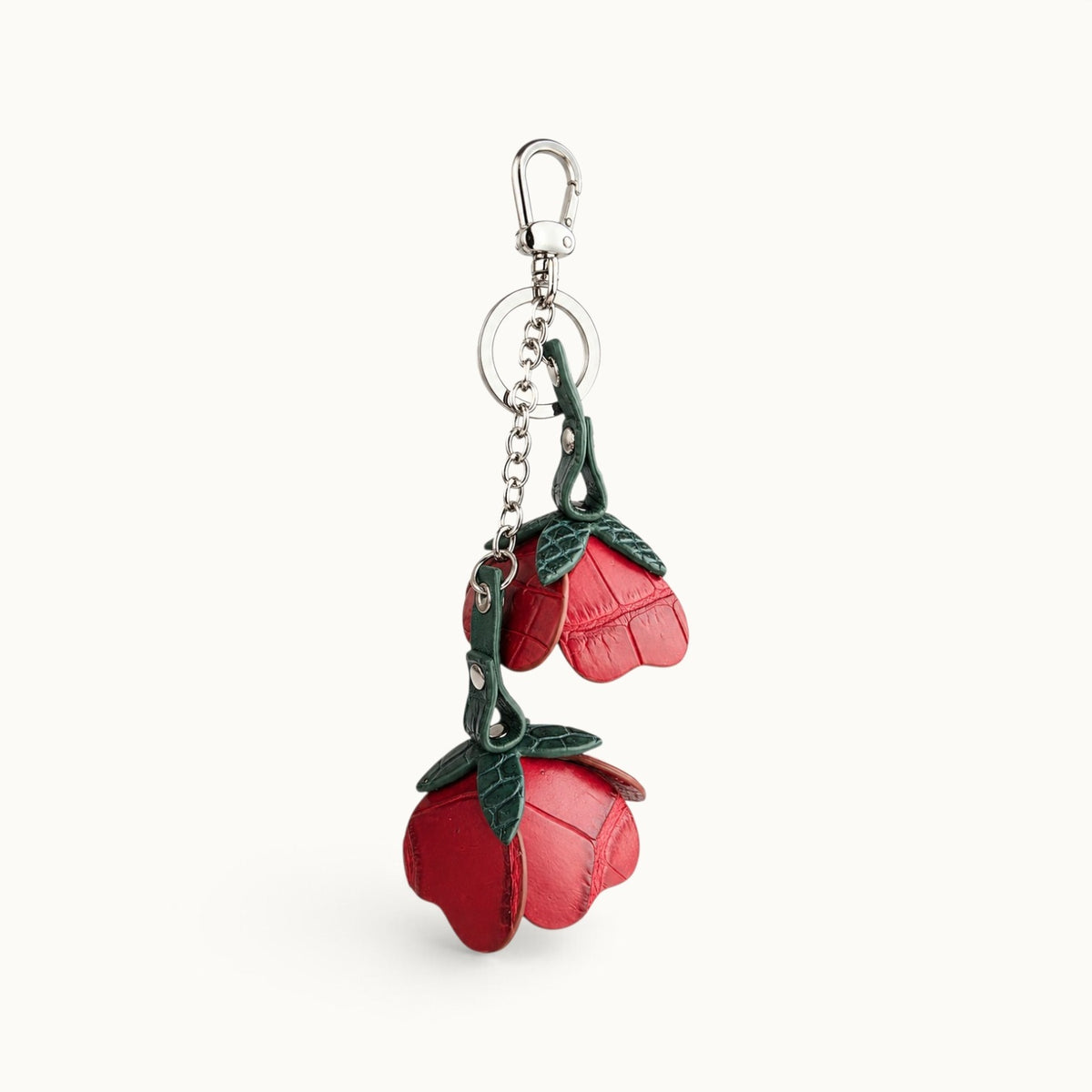 Bordeaux Red Valencia crocodile flower charm with dark green leaves and polished silver-tone hardware