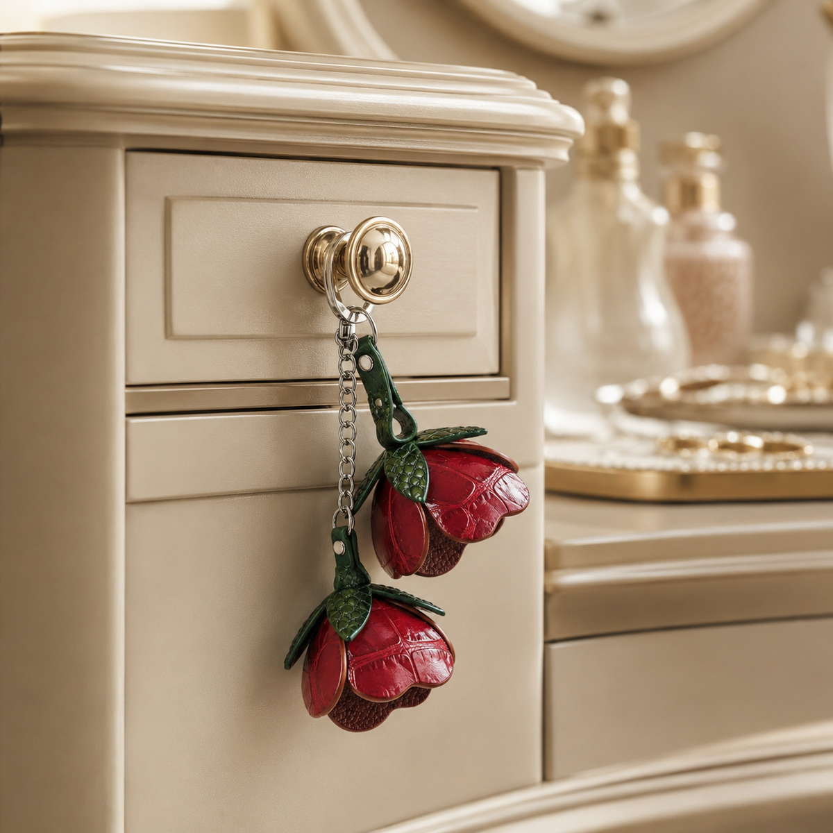 Bordeaux Red Valencia crocodile flower charm hanging from a luxury cream vanity drawer handle