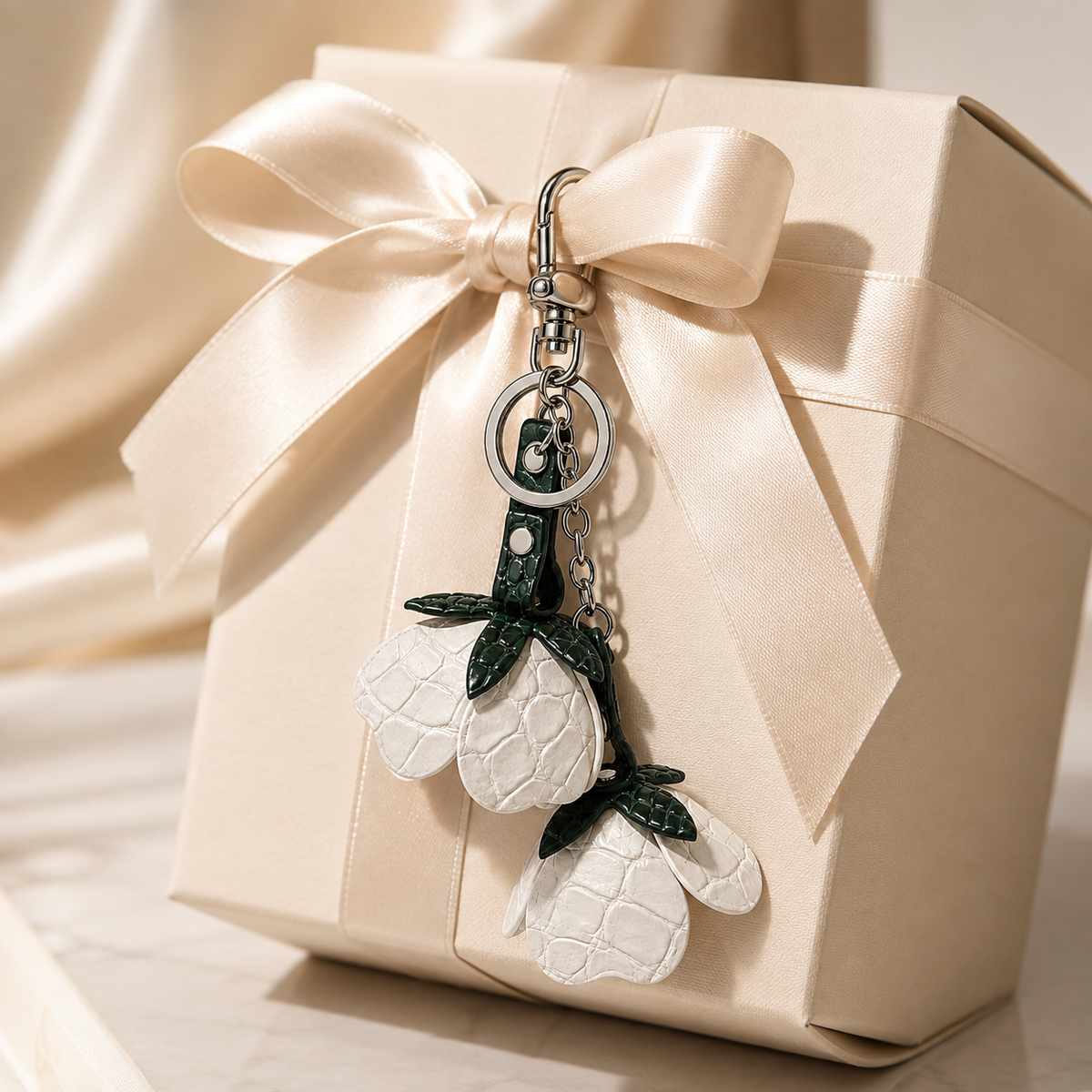 Pearl White Valencia crocodile flower charm clipped to a satin ribbon on an elegant luxury gift box