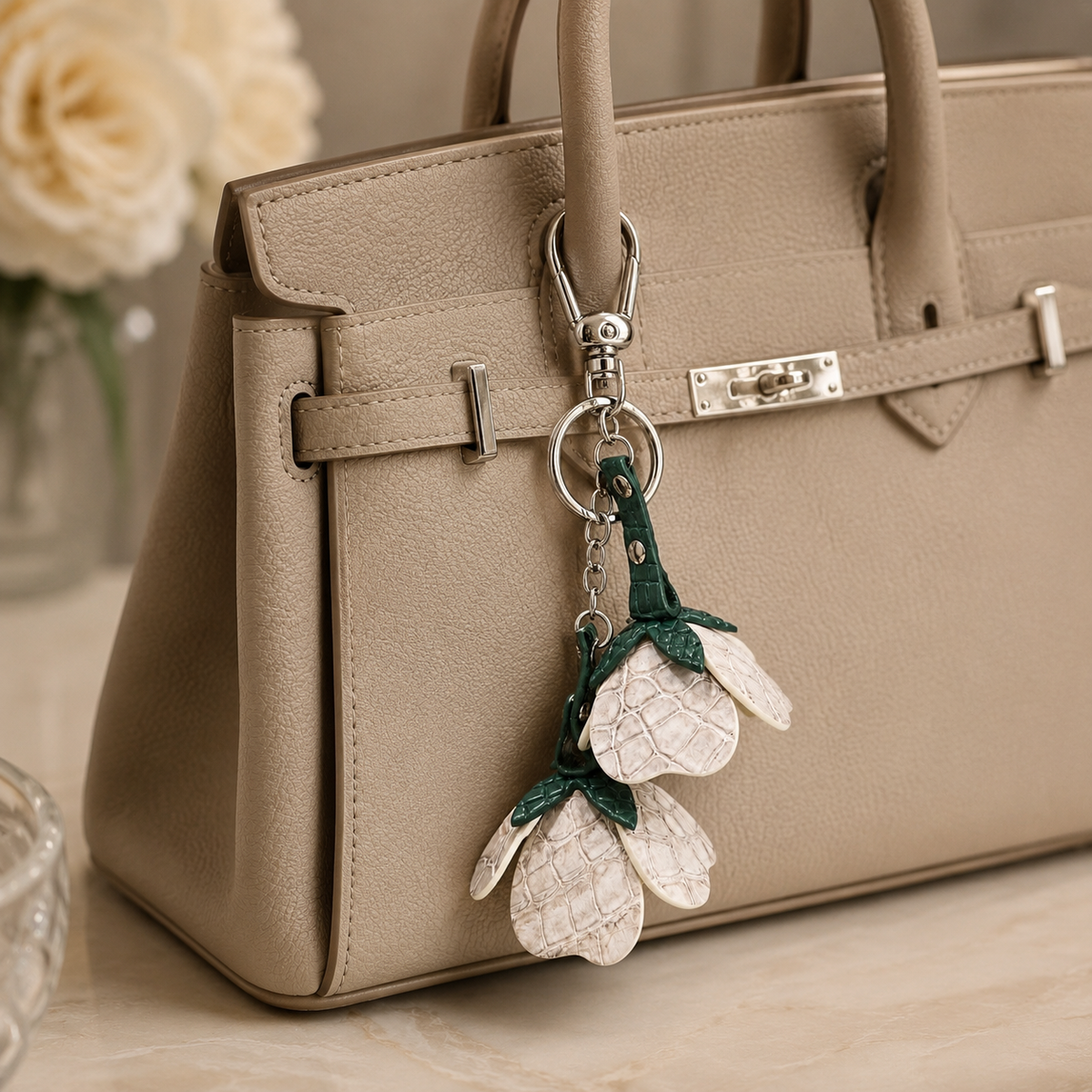 Stone Ivory Valencia crocodile flower charm hanging from a refined taupe handbag