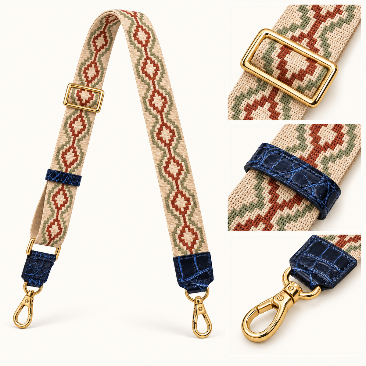 Adjustable woven strap for The Alderley Crocodile Shoulder Bag with gold-tone hardware and navy crocodile leather trim