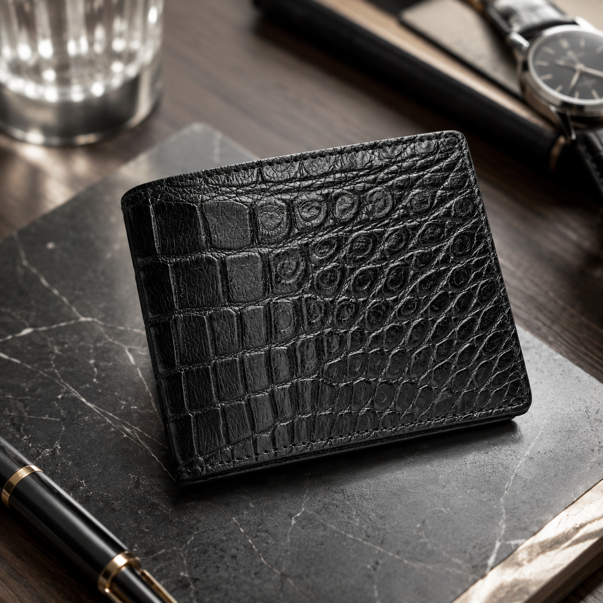 Luxury lifestyle photo of The Ashford black Siamese crocodile bifold wallet displayed on dark marble with a watch and pen.