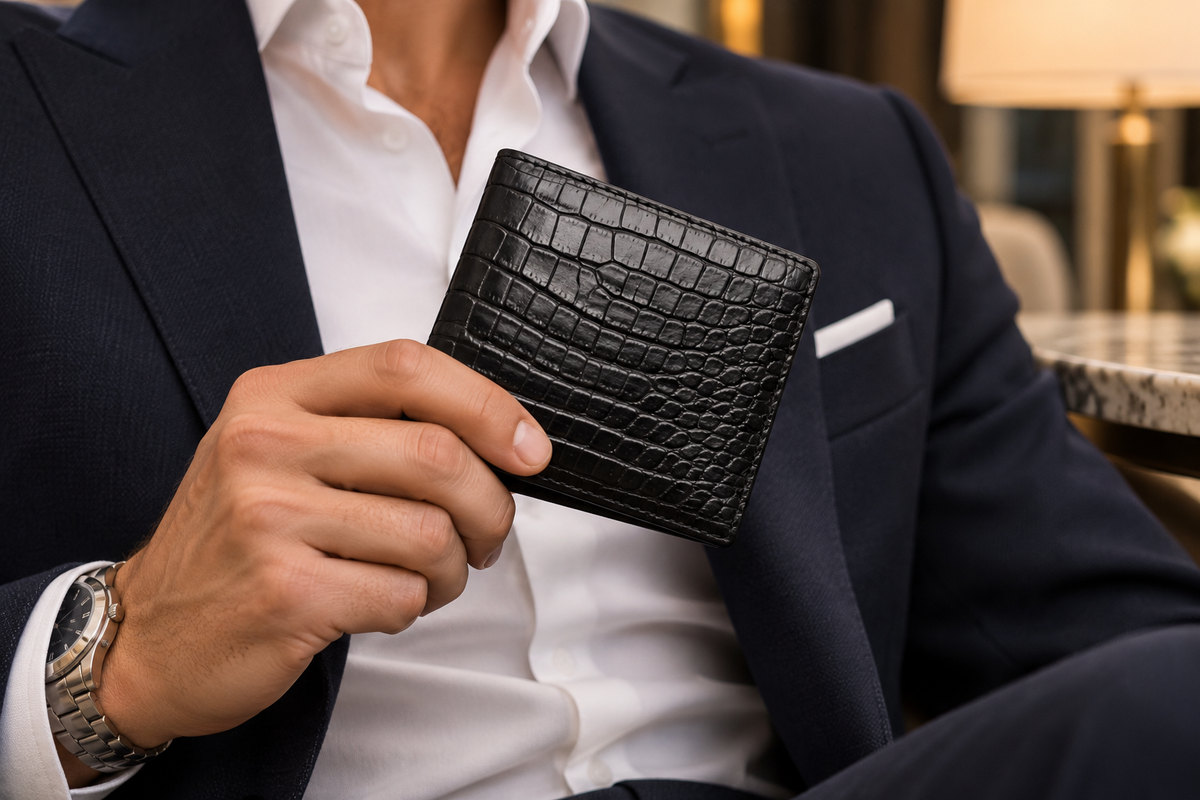 Executive lounge lifestyle view of The Ashford black crocodile bifold wallet held in hand with a navy suit, highlighting the natural scale pattern and refined luxury finish.
