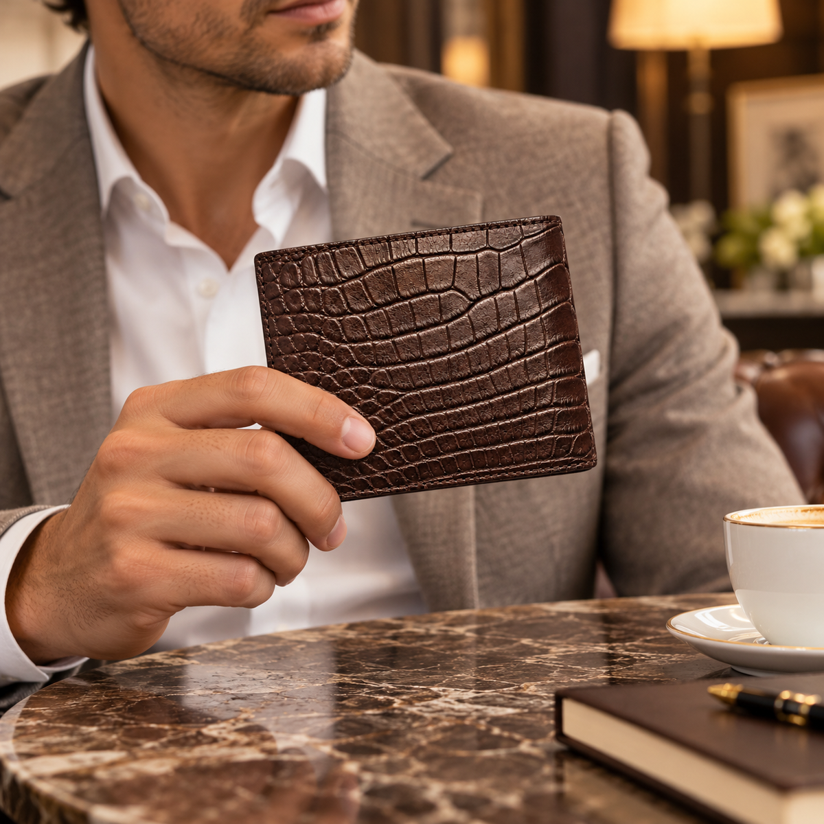 Lifestyle view of The Ashford brown crocodile bifold wallet held in hand at an elegant lounge, highlighting the natural crocodile scale pattern and refined luxury finish.