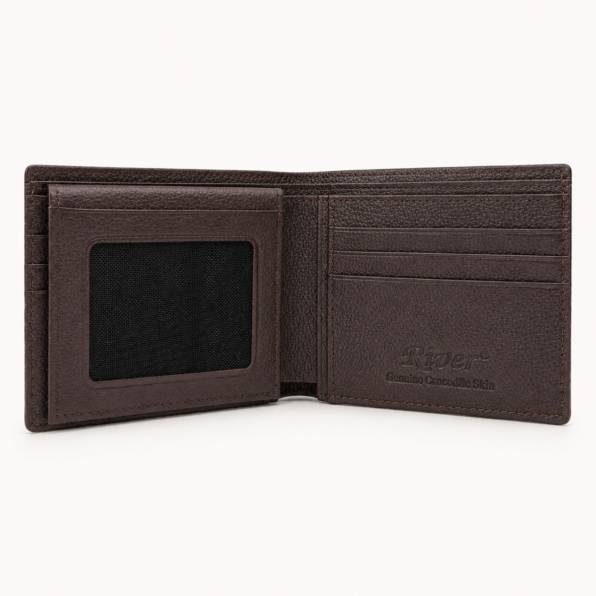 Full interior view of The Ashford brown crocodile bifold wallet with mesh ID window, card slots, full-grain calf leather lining, and embossed RIVER branding.