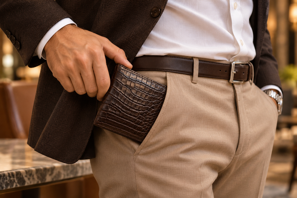 Smart-casual lifestyle view of The Ashford brown crocodile bifold wallet being taken from a trouser pocket in an upscale hotel setting, showing its rich natural scale pattern and refined everyday style.